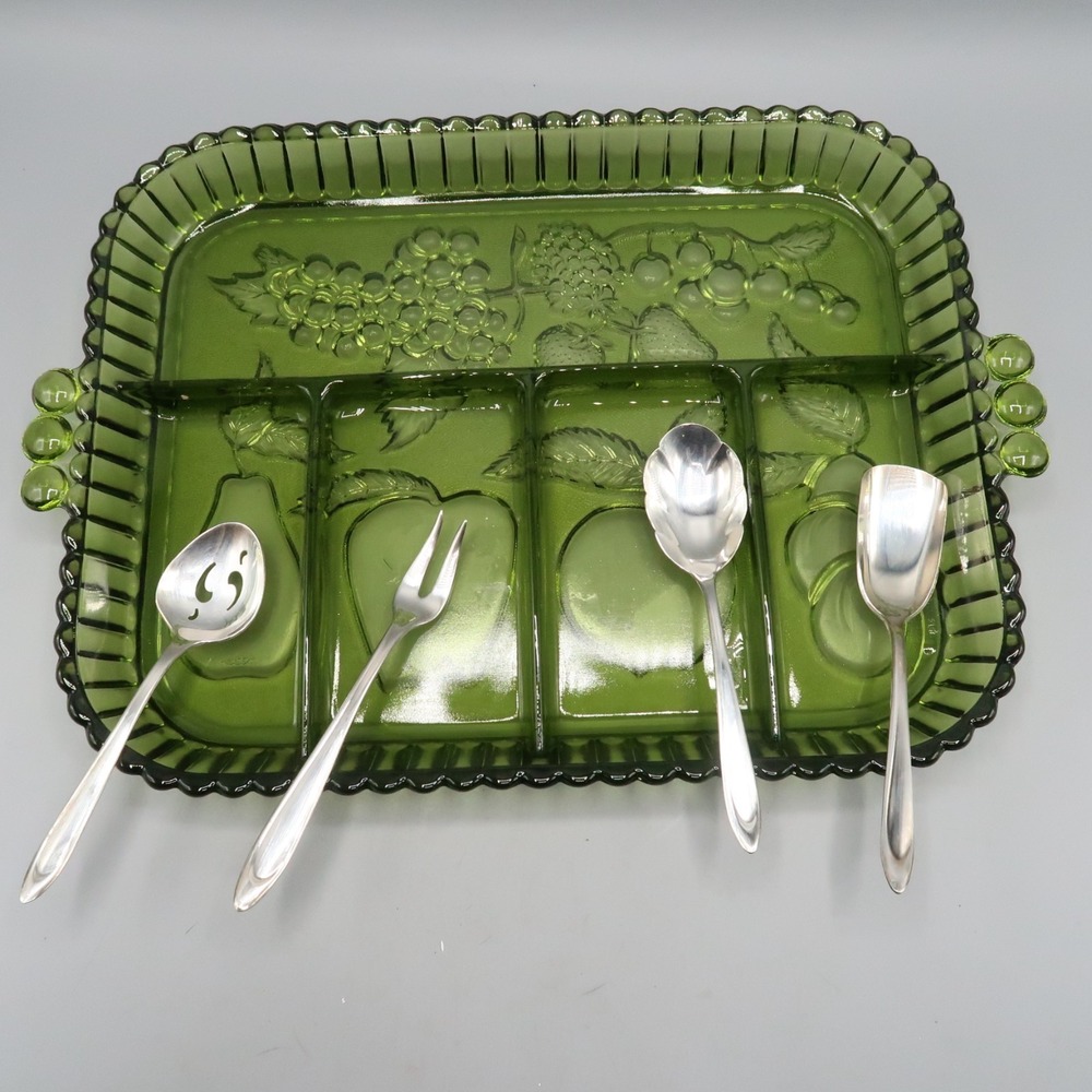 Green Glass 5 Divided Server Nut Relish Candy Tray Indiana Glass Co. MCM